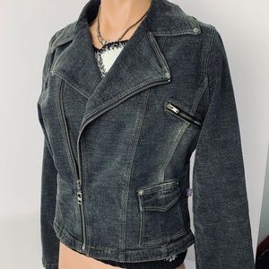 NEW LONDON Vintage 90s Jean Jacket Black Denim Blazer Zip Moto